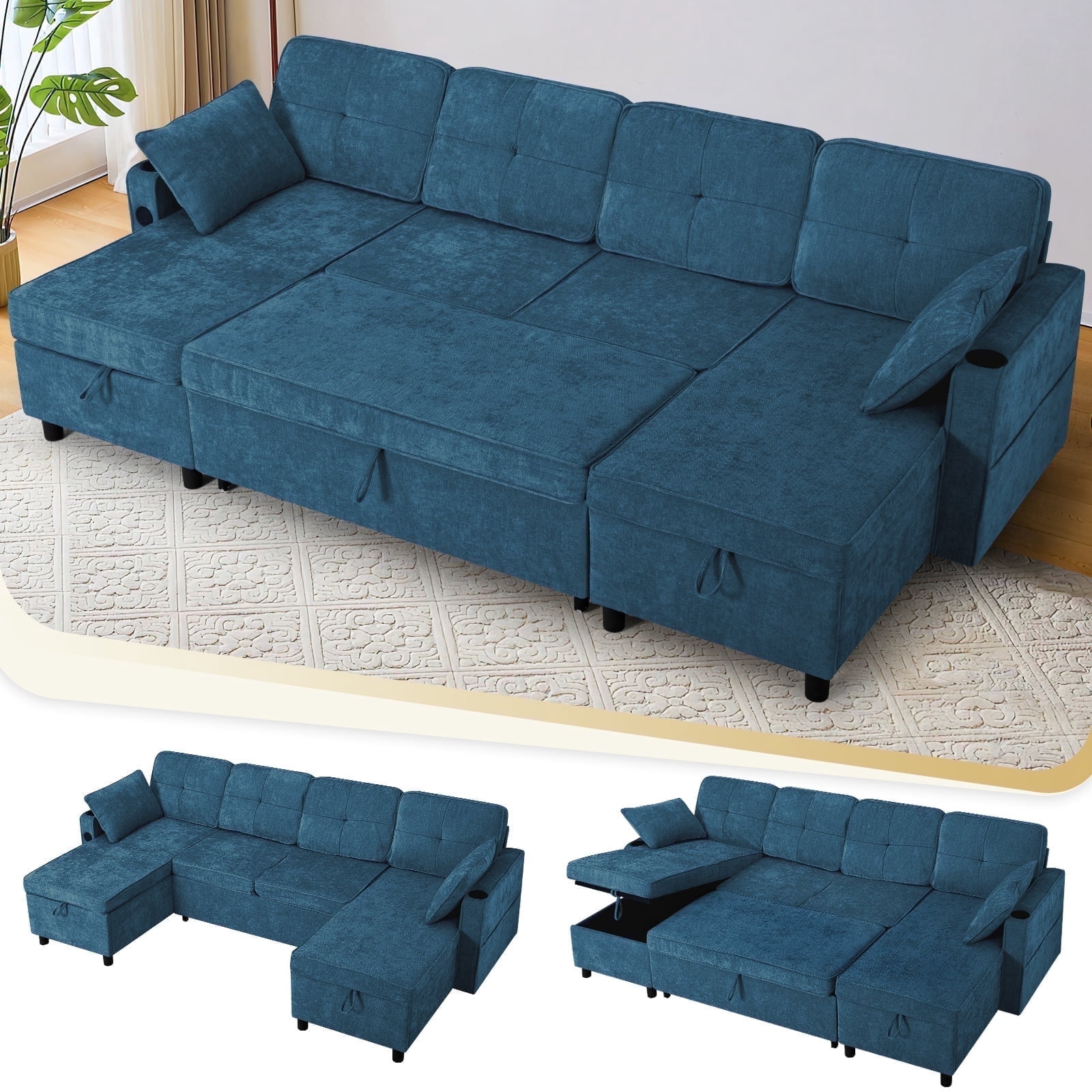 ACMEASE 108" U-Shaped Pull Out Sofa Bed w/Two Storage Chaises, Tufted Sectional Sofa w/USB Port, Chenille Sleeper Couch w/Cup Holders for Living Room, Blue