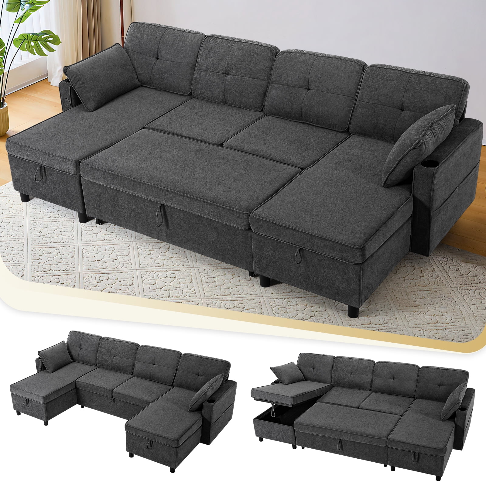 ACMEASE 108" U-Shaped Pull Out Sofa Bed w/Two Storage Chaises, Tufted