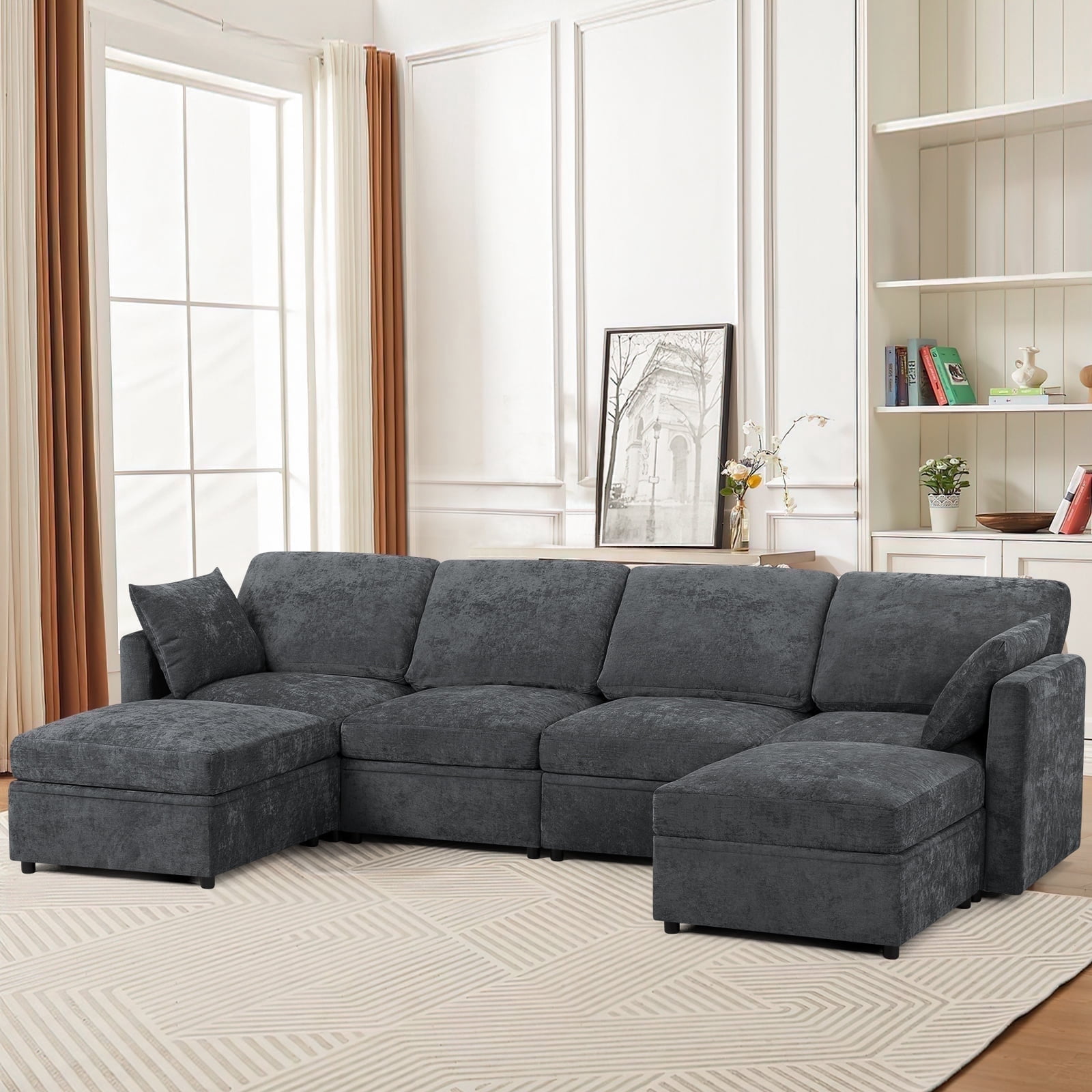 ACMEASE 110” Chenille 4 Seats Sofa W/2 Movable Ottoman, Modern Fabric U-Shaped Couch with Soft Backrest, Upholstered Sectional Sofa with Armrest Pillows for Living Room, Office, Gray