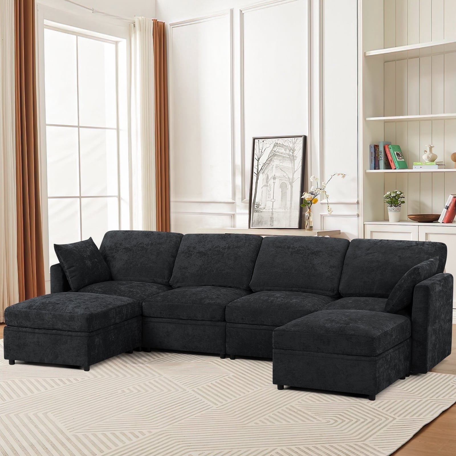 ACMEASE 110” Chenille 4 Seats Sofa W/2 Movable Ottoman, Modern Fabric U-Shaped Couch with Soft Backrest, Upholstered Sectional Sofa with Armrest Pillows for Living Room, Office, Black