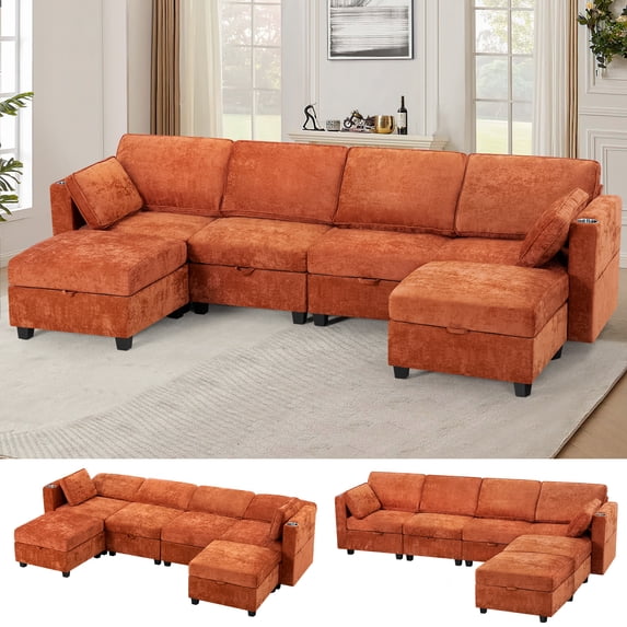 ACMEASE 110" Chenille 4 Seats Sofa w/2 Movable Storage Ottoman, Sectional Sofa w/Adjustable Backrests, Comfortable Fabric Couch w/USB&Type-C Ports, Cup Holders for Living Room. Orange