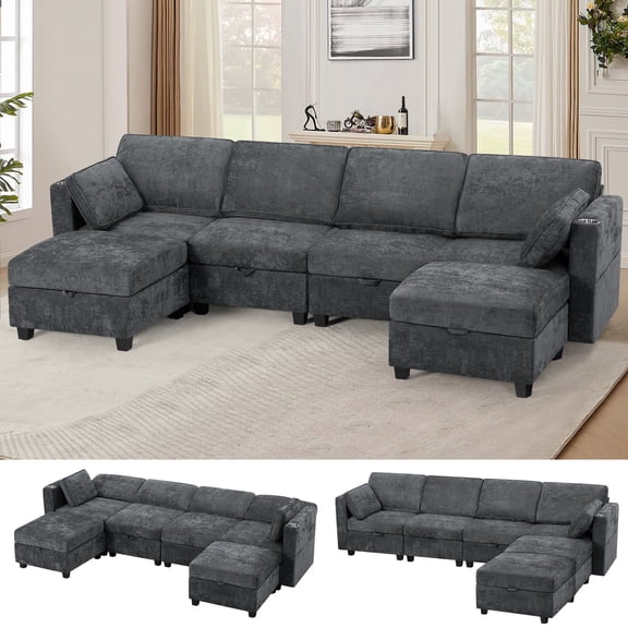 ACMEASE 110" Chenille 4 Seats Sofa w/2 Movable Storage Ottoman, Sectional Sofa w/Adjustable Backrests, Comfortable Fabric Couch w/USB&Type-C Ports, Cup Holders for Living Room, Gray