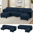 thumbnail image 1 of ACMEASE 110" Chenille 4 Seats Sofa w/2 Movable Storage Ottoman, Sectional Sofa w/Adjustable Backrests, Comfortable Fabric Couch w/USB&Type-C Ports, Cup Holders for Living Room, Blue, 1 of 7