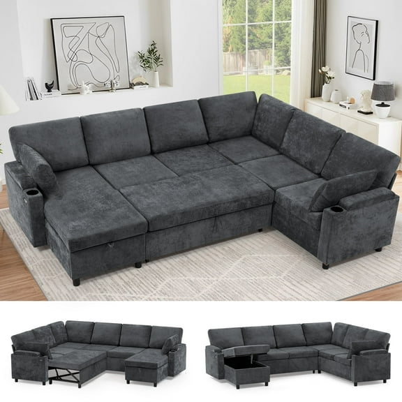 ACMEASE 110" Chenille Sectional Sofa w/Pull Out Bed & Storage Chaise, Reversible U Shaped Sofa w/Storage Armrests & Cup Holders, Corner Couch w/USB Charging Port & Throw Pillow for Living Room, Grey
