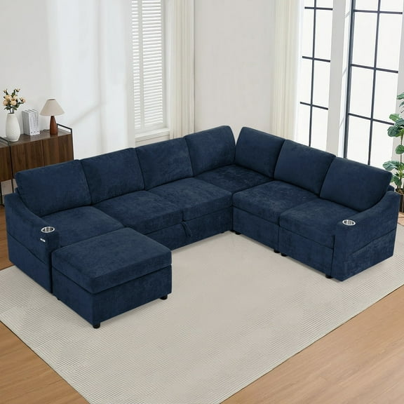 ACMEASE 116 Inches Chenille Sectional Couch w/Adjustable Backrests & Ottoman, Convertible U Shape Sleeper Sofa w/USB Ports, Modular Corner Sofa w/Pull-Out Bed & Storage Space for Living Room, Blue