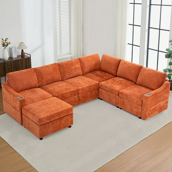 ACMEASE 116 Inches Chenille Sectional Couch w/Adjustable Backrests & Ottoman, Convertible U Shape Sleeper Sofa w/USB Ports, Modular Corner Sofa w/Pull-Out Bed & Storage Space for Living Room, Orange