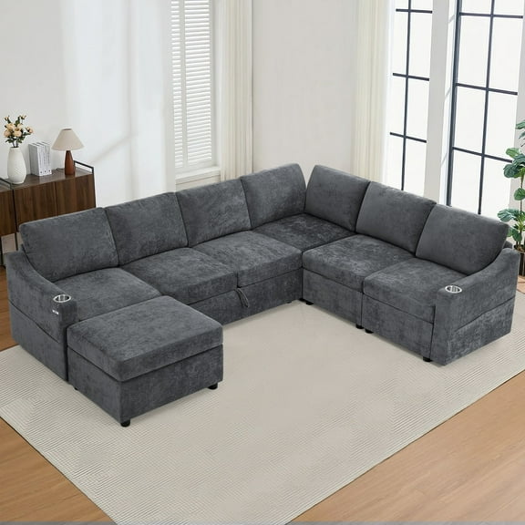 ACMEASE 116 Inches Chenille Sectional Couch w/Adjustable Backrests & Ottoman, Convertible U Shape Sleeper Sofa w/USB Ports, Modular Corner Sofa w/Pull-Out Bed & Storage Space for Living Room, Grey