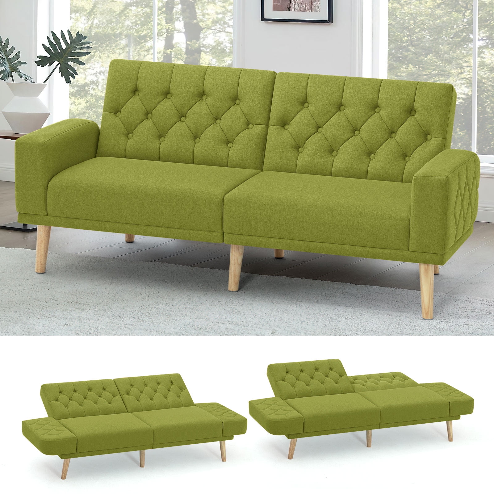 ACMEASE 70” Linen Fabric Futon Sofa Bed With Adjustable Backrests