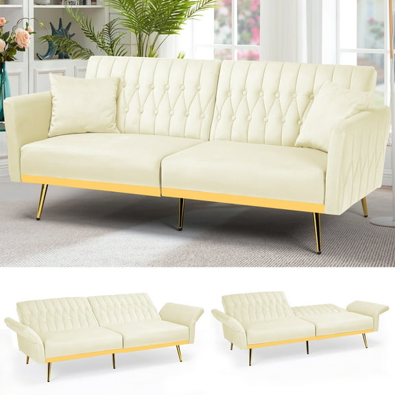 ACMEASE 70” Velvet Futon Sofa Bed with Adjustable Armrests and 2 Pillows, Convertible Futon Couch, Beige