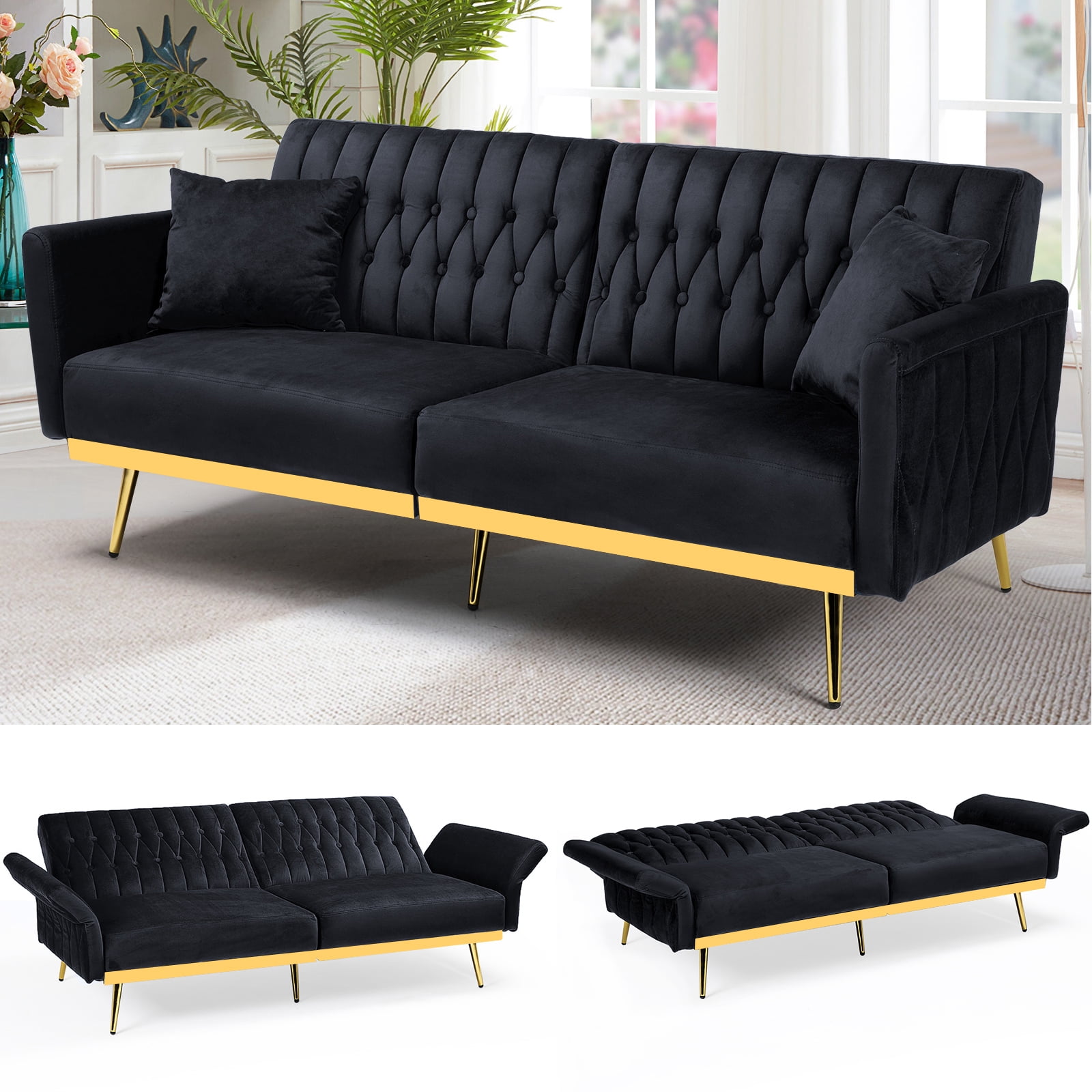 ACMEASE 70” Velvet Futon Sofa Bed with Adjustable Armrests and 2 Pillows, Convertible Futon Couch, Black