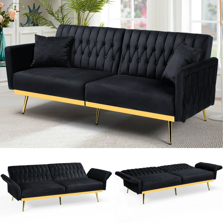 ACMEASE 70 Velvet Futon Sofa Bed w Upholstered Arms Ideal for Small Spaces Black Walmart