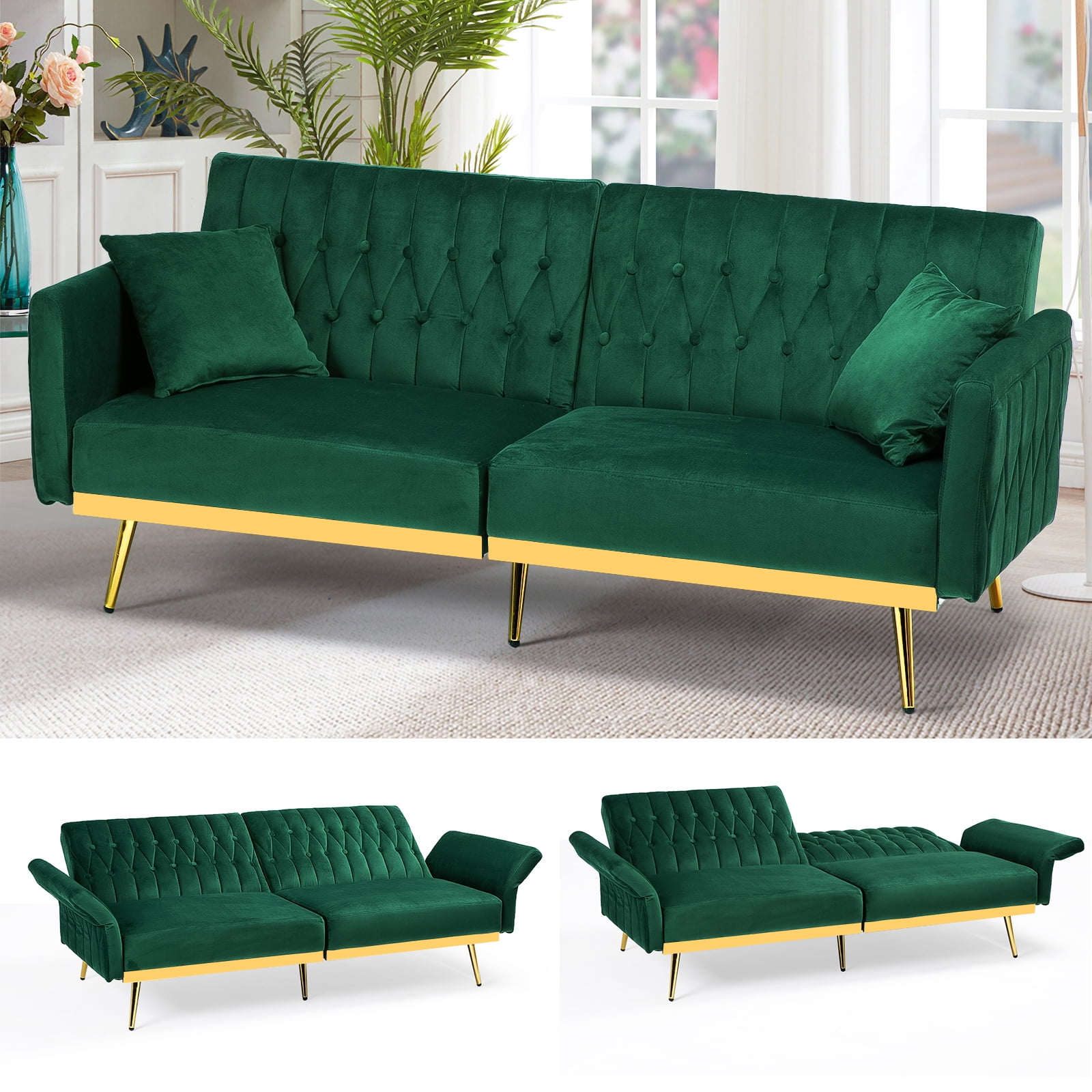 ACMEASE 70” Tufted Velvet Futon Sofa Bed with Armrests, 2 ACMEASE 70” Tufted Velvet Futon Sofa Bed with Armrests, 2