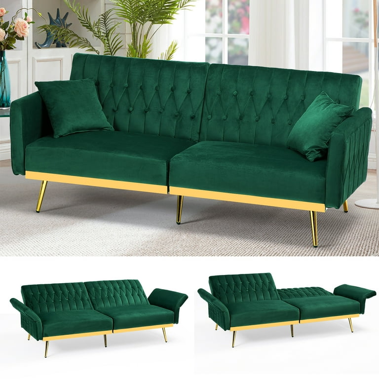 Acmease 69 Velvet Futon Sofa Bed with Adjustable Armrests and 2 Pillows Convertible Futon Couch Green