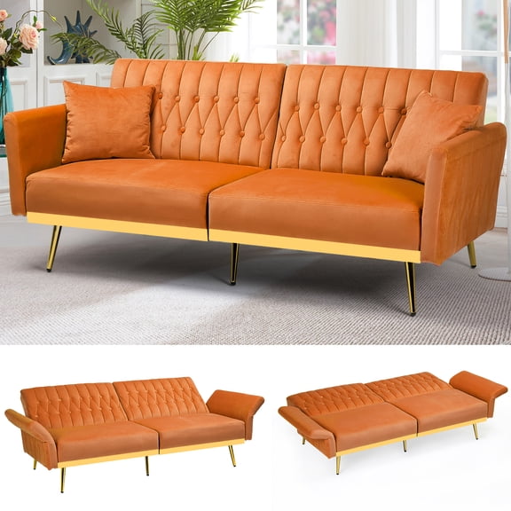 ACMEASE 70” Velvet Futon Sofa Bed with Adjustable Armrests and 2 Pillows, Convertible Futon Couch, Orange