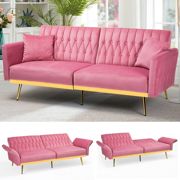 ACMEASE 70” Velvet Futon Sofa Bed with Adjustable Armrests and 2 Pillows, Convertible Futon Couch, Pink