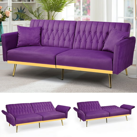 ACMEASE 70” Velvet Futon Sofa Bed with Adjustable Armrests and 2 Pillows, Convertible Futon Couch, Purple