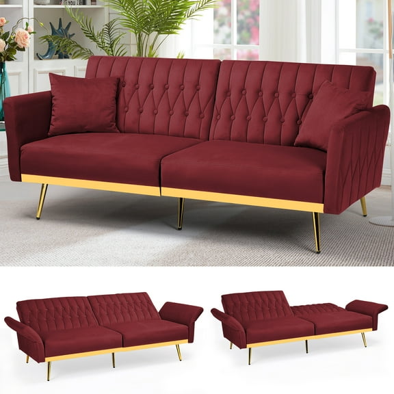 ACMEASE 70” Velvet Futon Sofa Bed with Adjustable Armrests and 2 Pillows, Convertible Futon Couch, Red