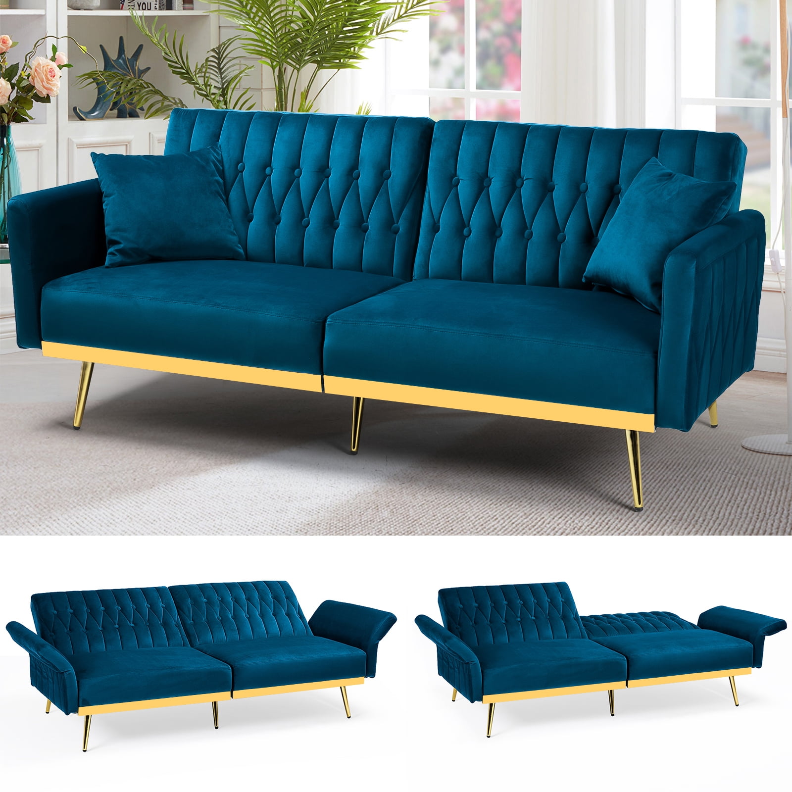 ACMEASE 70 Velvet Futon Sofa Bed with Adjustable Armrests and 2 Pillows Convertible Futon Couch Teal