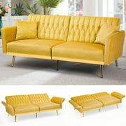 ACMEASE 70  Velvet Futon Sofa Bed with Adjustable Armrests and 2 Pillows, Convertible Futon Couch, Yellow