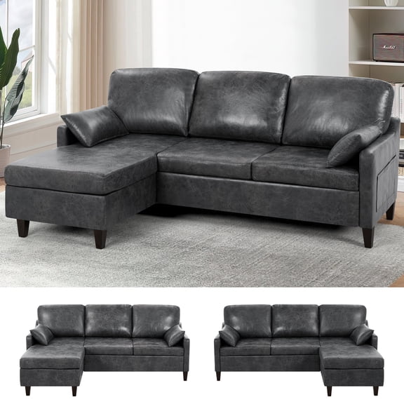 ACMEASE 76" Sectional Sofa Couch with Reversible Chaise, Suede Leather L Shaped Sofa w/USB Charger Ports & Storage Bag, Convertible Modern Couch w/Storage Space for Living Room, Small Space, Grey