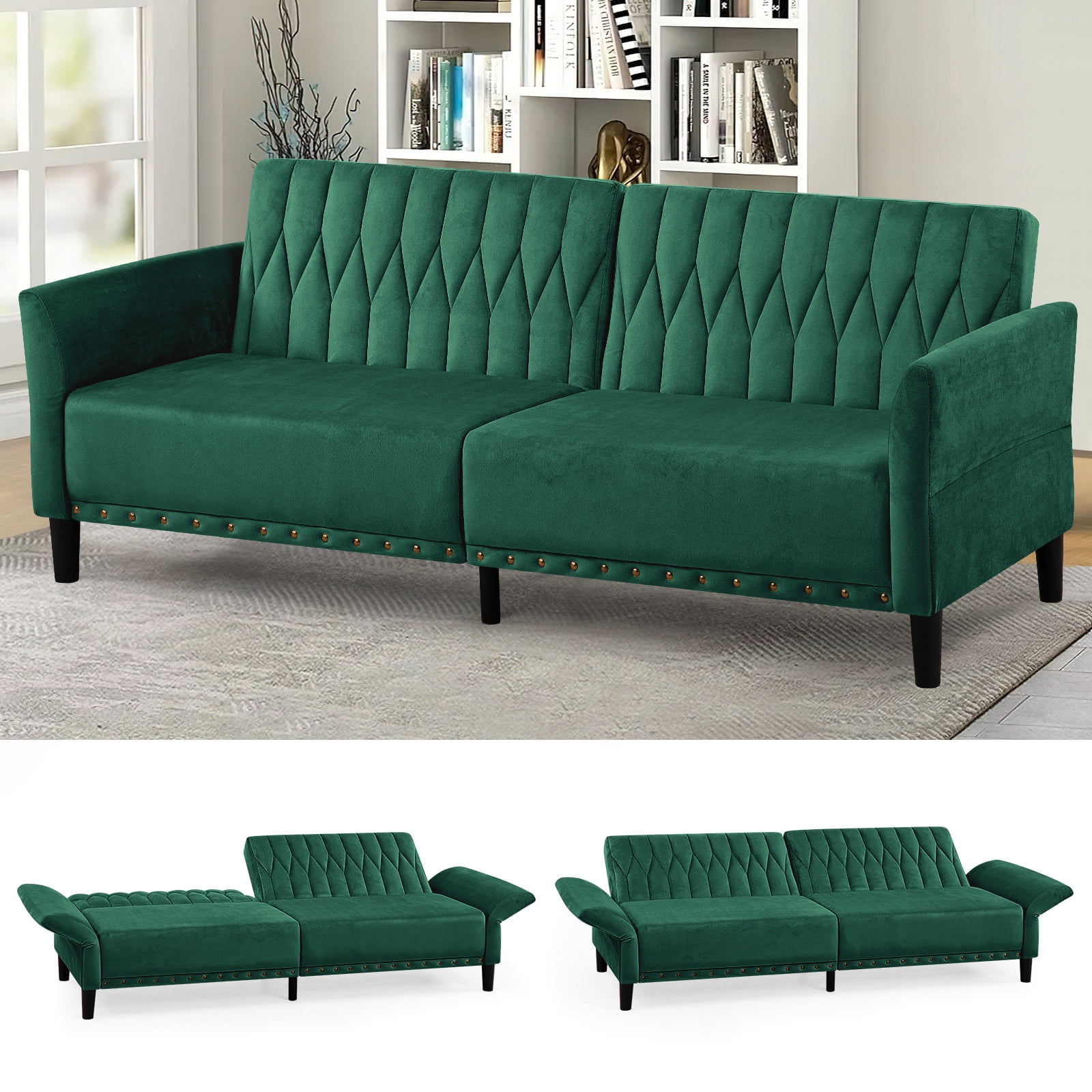 ACMEASE 77 Inches Velvet Sofa Bed w/Adjustable Backrests & Armrests, Tufted Sleeper Sofa Couch w/Nailhead Trim, Convertible Modern Recliner Loveseat for Living Room,Office, Green