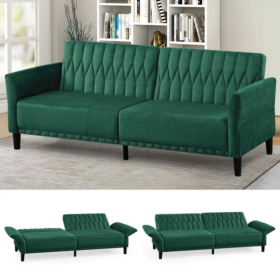 ACMEASE 77 Inches Velvet Sofa Bed w/Adjustable Backrests & Armrests, Tufted Sleeper Sofa Couch w/Nailhead Trim, Convertible Modern Recliner Loveseat for Living Room,Office, Green
