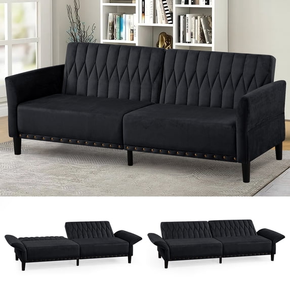 ACMEASE 77 Inches Velvet Sofa Bed w/Adjustable Backrests & Armrests, Tufted Sleeper Sofa Couch w/Nailhead Trim, Convertible Modern Recliner Loveseat for Living Room,Office, Black