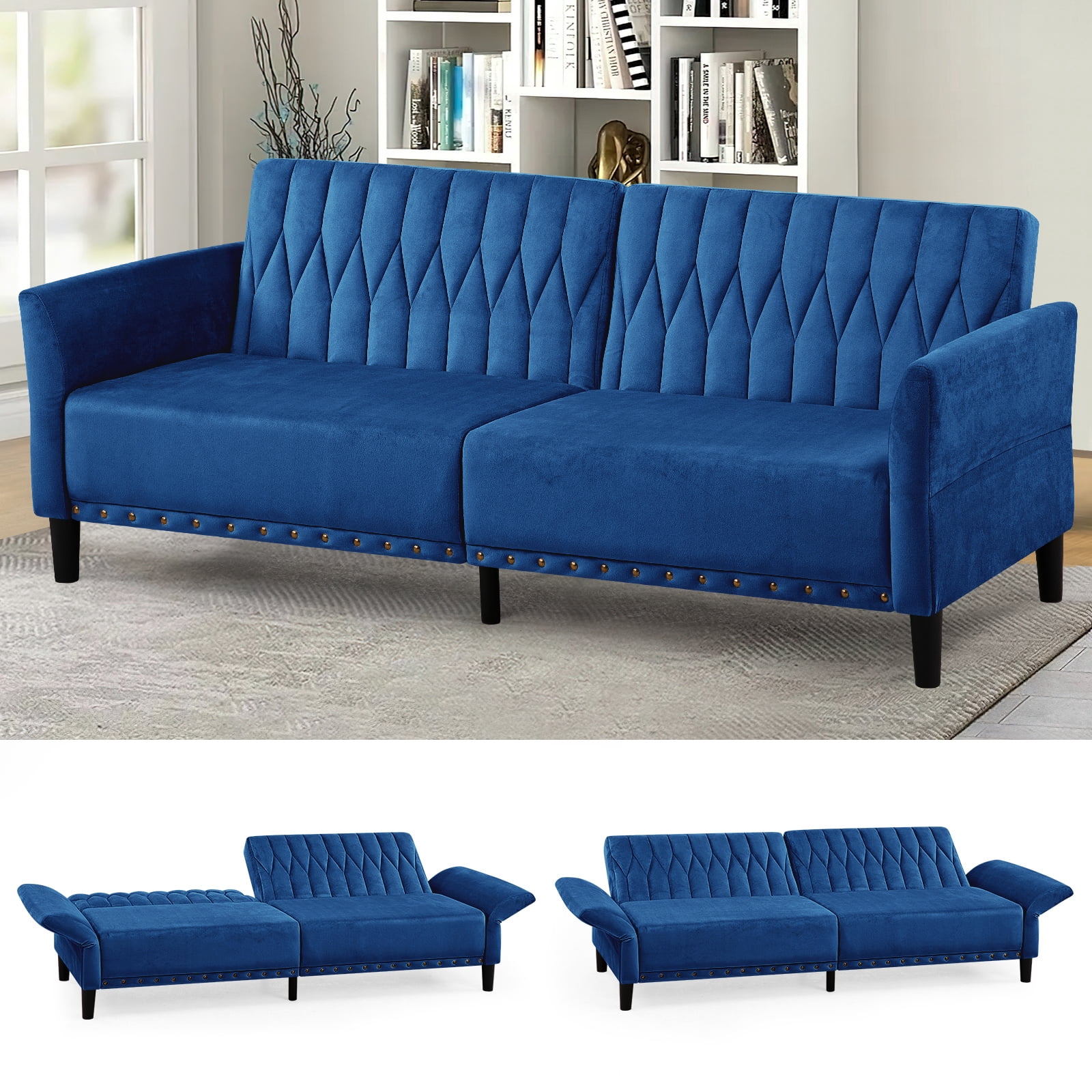 ACMEASE 77 Inches Velvet Sofa Bed w/Adjustable Backrests & Armrests, Tufted Sleeper Sofa Couch w/Nailhead Trim, Convertible Modern Recliner Loveseat for Living Room,Office, Blue
