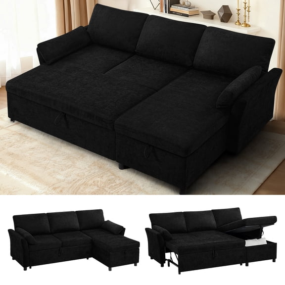 ACMEASE 83 Inches Fabric Sectional Sofa with Pull Out Sofa Bed, Modern L Shaped Sofa with Throw Pillows, Comfortable Sleeper Couch with Storage Chaise for Living Room, Black