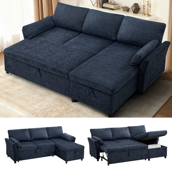 ACMEASE 83 Inches Fabric Sectional Sofa with Pull Out Sofa Bed, Modern L Shaped Sofa with Throw Pillows, Comfortable Sleeper Couch with Storage Chaise for Living Room, Blue