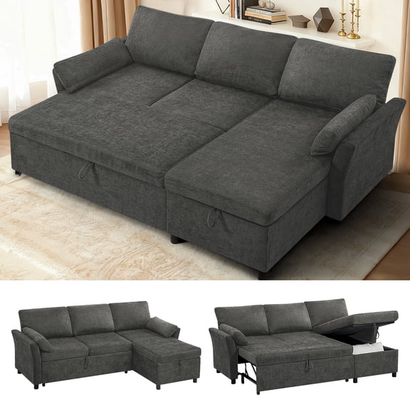 ACMEASE 83 Inches Fabric Sectional Sofa with Pull Out Sofa Bed, Modern L Shaped Sofa with Throw Pillows, Comfortable Sleeper Couch with Storage Chaise for Living Room, Grey