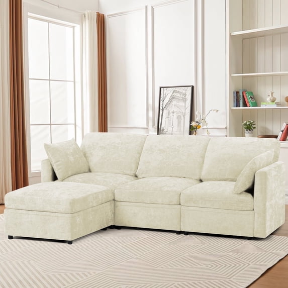 ACMEASE 84” Chenille 3 Seats Sofa W/Movable Ottoman, Modern Fabric L-Shaped Couch with Soft Backrest, Upholstered Sectional Sofa with Armrest Pillows for Living Room, Office, Beige
