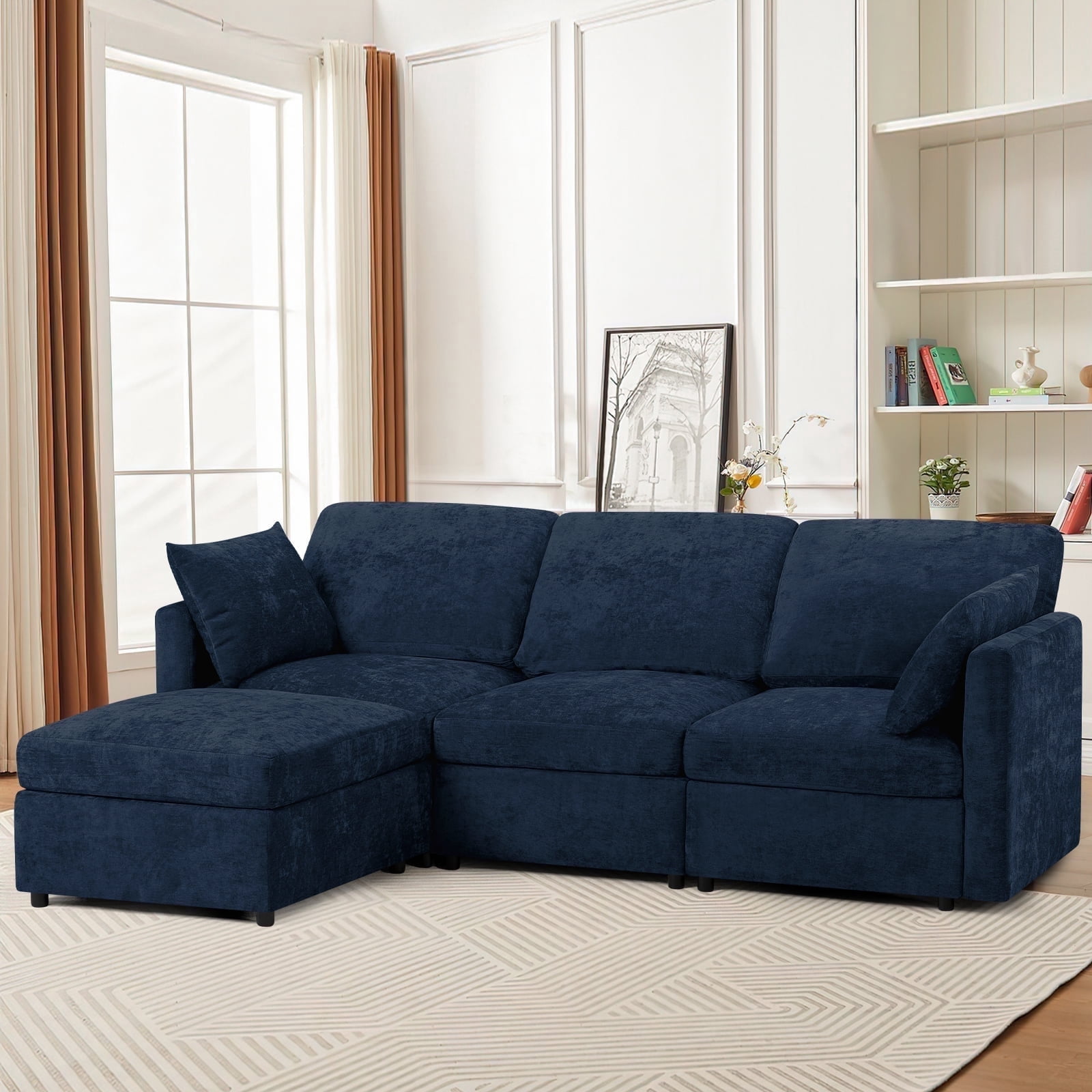 ACMEASE 84” Chenille 3 Seats Sofa W/Movable Ottoman, Modern Fabric L-Shaped Couch with Soft Backrest, Upholstered Sectional Sofa with Armrest Pillows for Living Room, Office, Blue