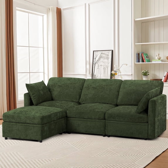 ACMEASE 84” Chenille 3 Seats Sofa W/Movable Ottoman, Modern Fabric L-Shaped Couch with Soft Backrest, Upholstered Sectional Sofa with Armrest Pillows for Living Room, Office, Green