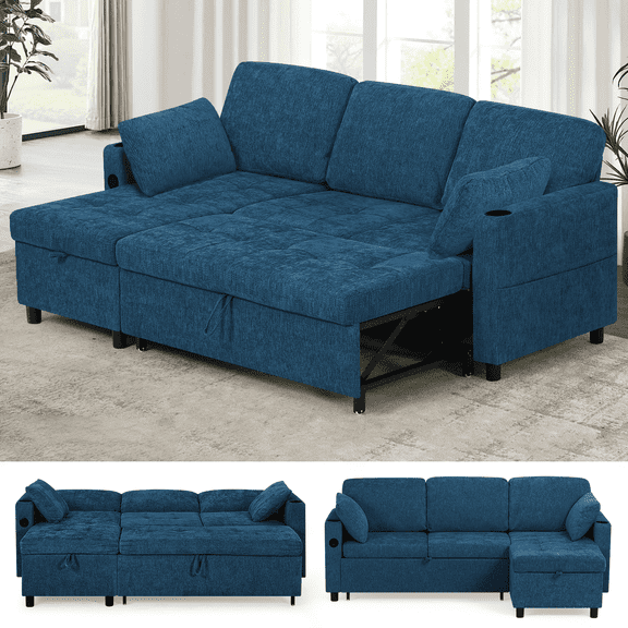 ACMEASE 84" Chenille Sectional Sleeper Sofa w/Adjustable Backrests, Pull Out Sofa Bed w/USB Charger Port& Reversible Storage Chaise,Convertible L-Shaped Sofa with Cup Holders for Living Room, Blue