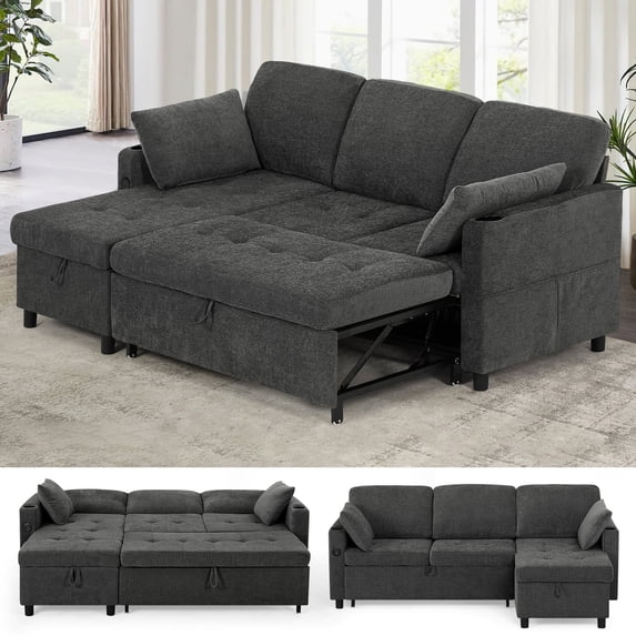 ACMEASE 84" Fabric Sectional Sleeper Sofa w/Adjustable Backrests, Pull Out Sofa Bed w/USB Charger Port& Reversible Storage Chaise,Convertible L-Shaped Sofa with Cup Holders for Living Room,Grey
