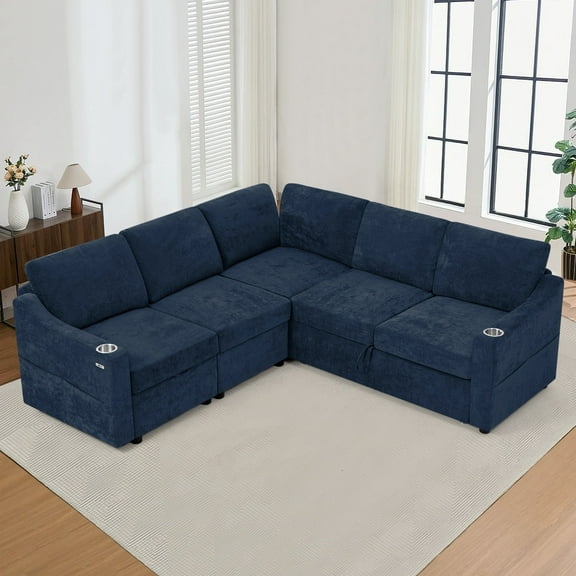 ACMEASE 84 Inches Chenille Sectional Couch w/Adjustable Backrests, Convertible L-Shape Sleeper Sofa w/USB Ports, Modular Corner Sofa w/Pull-Out Bed & Storage Space for Living Room, Blue