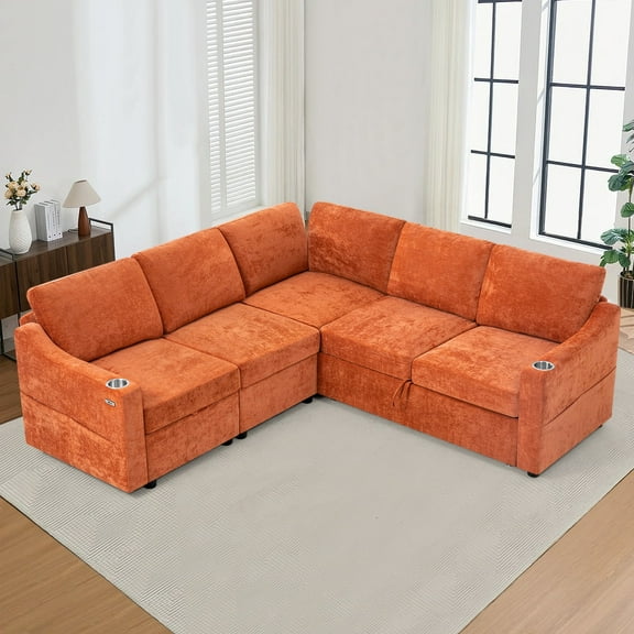 ACMEASE 84 Inches Chenille Sectional Couch w/Adjustable Backrests, Convertible L-Shape Sleeper Sofa w/USB Ports, Modular Corner Sofa w/Pull-Out Bed & Storage Space for Living Room, Orange