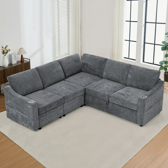 ACMEASE 84 Inches Chenille Sectional Couch w/Adjustable Backrests, Convertible L-Shape Sleeper Sofa w/USB Ports, Modular Corner Sofa w/Pull-Out Bed & Storage Space for Living Room, Grey