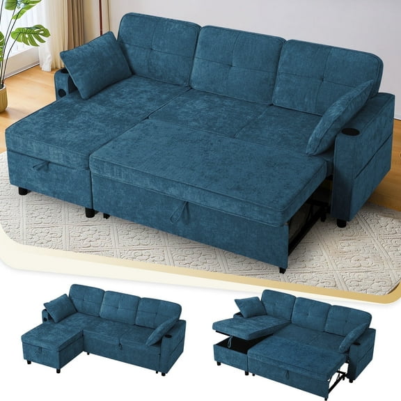 ACMEASE 84" L-Shaped Pull Out Sofa Bed w/Storage Chaise, Tufted Sectional Sofa w/USB Port, Chenille Sleeper Couch w/Cup Holders for Living Room, Blue