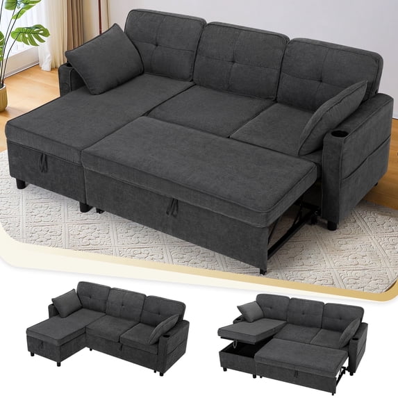 ACMEASE 84" L-Shaped Pull Out Sofa Bed w/Storage Chaise, Tufted Sectional Sofa w/USB Port, Fabric Sleeper Couch w/Cup Holders for Living Room, Grey