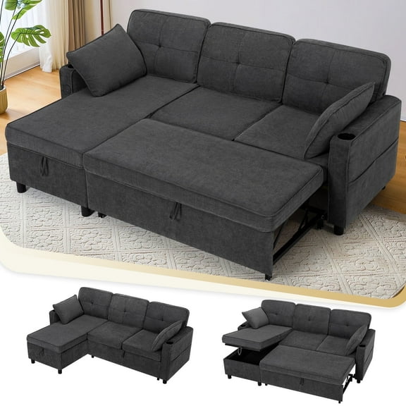 ACMEASE 84" L-Shaped Pull Out Sofa Bed w/Storage Chaise, Tufted Sectional Sofa w/USB Port, Fabric Sleeper Couch w/Cup Holders for Living Room, Grey
