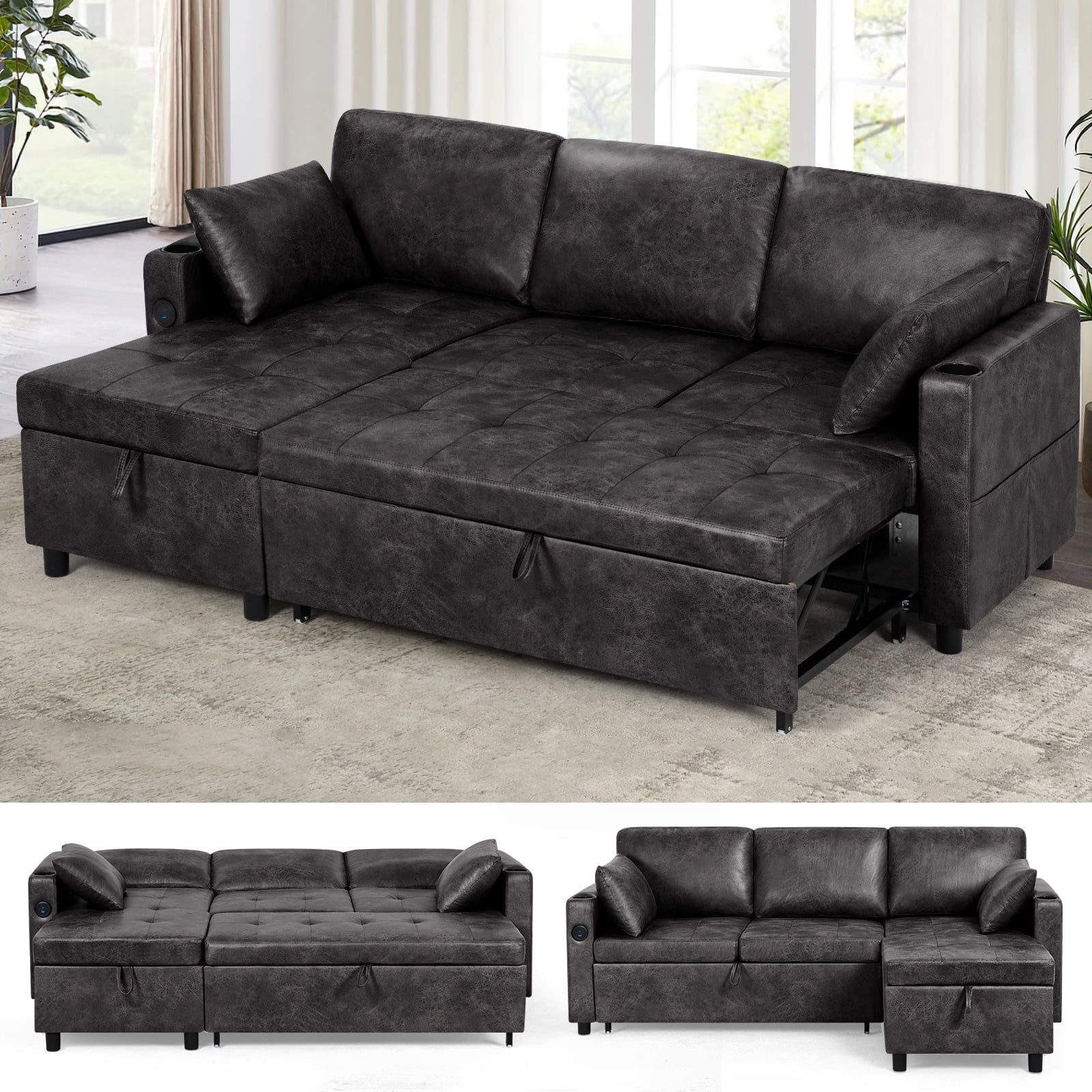 ACMEASE 84" Suede Leather Sectional  Sofa w/Adjustable Backrests, Pull Out Sofa Bed w/USB Charger Port& Reversible Storage Chaise,Convertible L-Shaped Sofa with Cup Holders for Living Room, Black