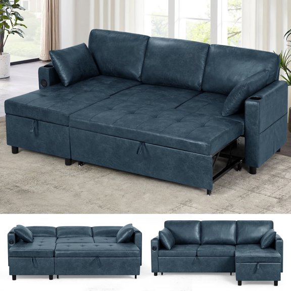 ACMEASE 84" Suede Leather Sectional Sofa w/Adjustable Backrests, Pull Out Sofa Bed w/USB Charger Port& Reversible Storage Chaise,Convertible L-Shaped Sofa with Cup Holders for Living Room, Blue
