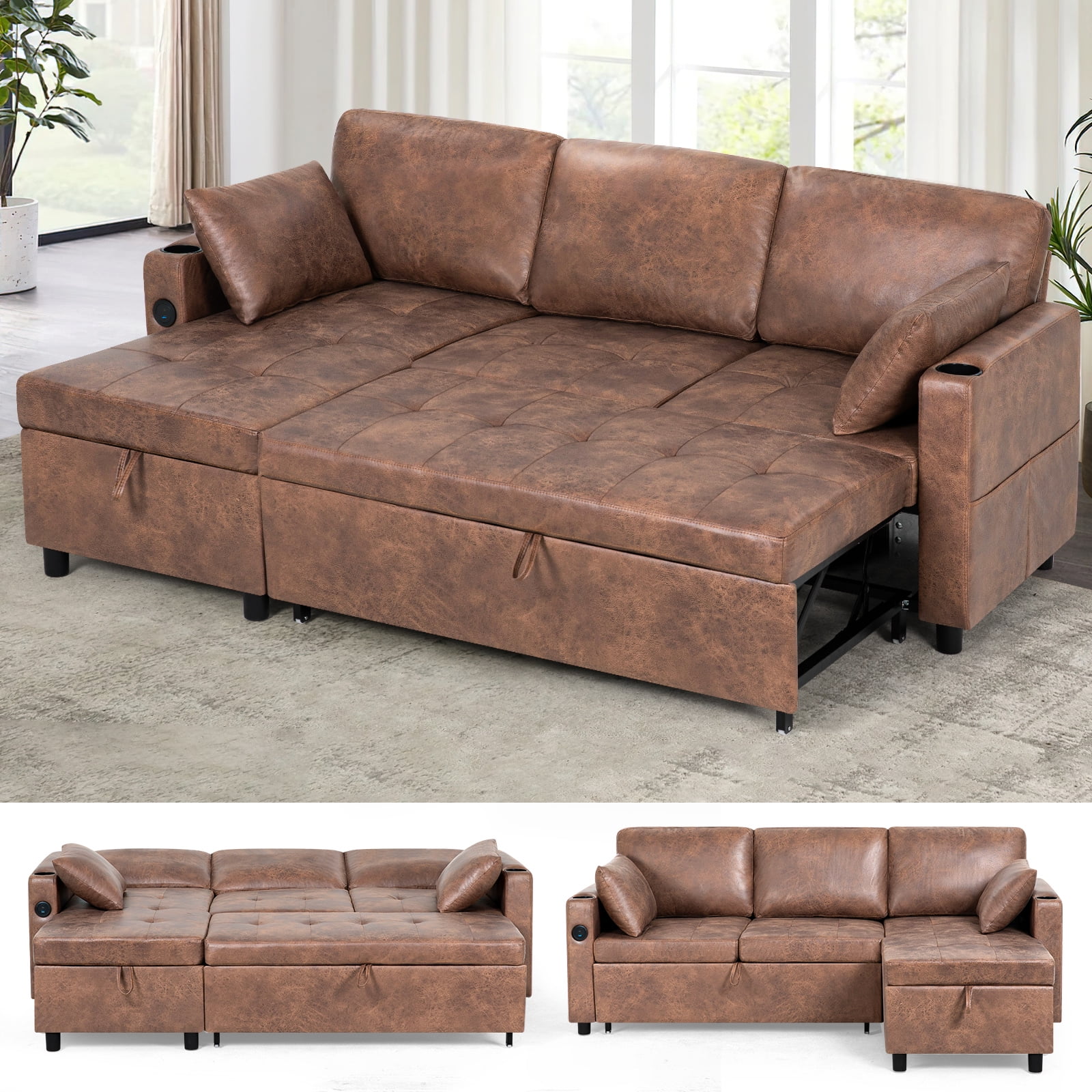 ACMEASE 84" Suede Leather Sectional Sofa w/Adjustable Backrests, Pull Out Sofa Bed w/USB Charger Port& Reversible Storage Chaise,Convertible L-Shaped Sofa with Cup Holders for Living Room,Brown