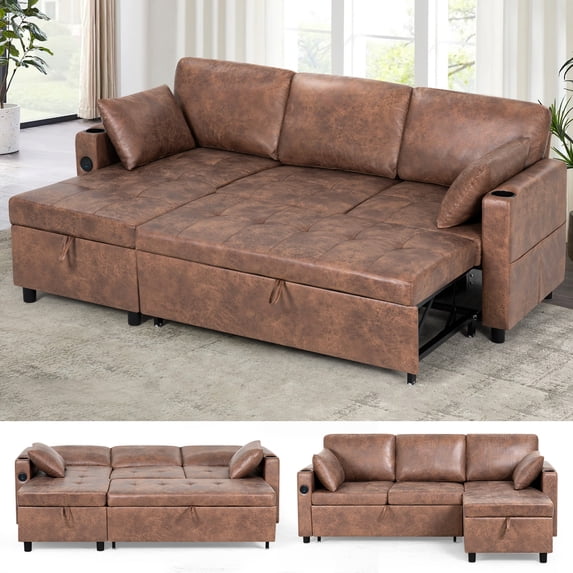 ACMEASE 84" Suede Leather Sectional Sofa w/Adjustable Backrests, Pull Out Sofa Bed w/USB Charger Port& Reversible Storage Chaise,Convertible L-Shaped Sofa with Cup Holders for Living Room,Brown