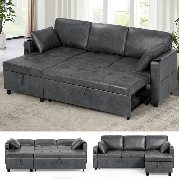 ACMEASE 84" Suede Leather Sectional Sofa w/Adjustable Backrests, Pull Out Sofa Bed w/USB Charger Port& Reversible Storage Chaise,Convertible L-Shaped Sofa with Cup Holders for Living Room, Gray