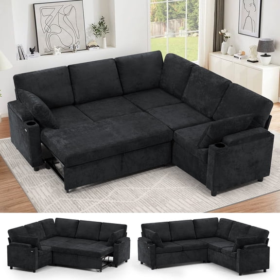 ACMEASE 85" Chenille Reversible Sectional Sofa w/Pull Out Bed, Upholstery L-Shaped Couch w/Storage Armrests & Cup Holders, Modern Corner Sofa w/USB Charging Port & Throw Pillow for Living Room, Black