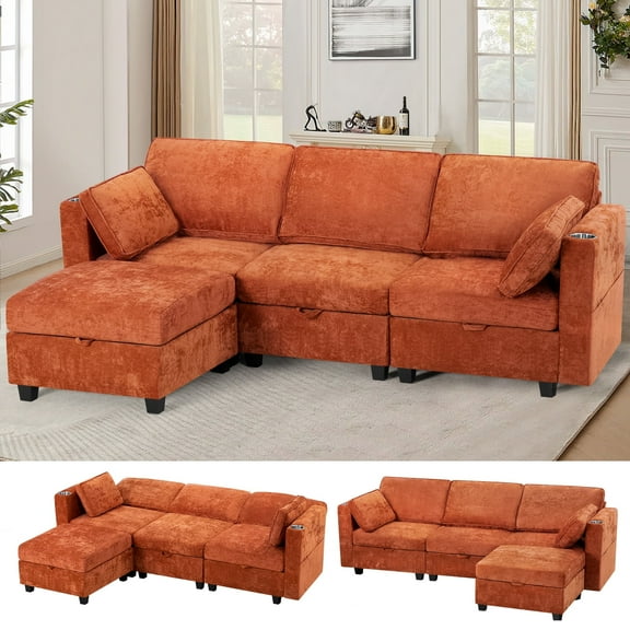 ACMEASE 86" Chenille 3 Seats Sofa w/Movable Storage Ottoman, Sectional Sofa w/Adjustable Backrests, Comfortable Fabric Couch w/USB&Type-C Ports, Cup Holders for Living Room, Orange
