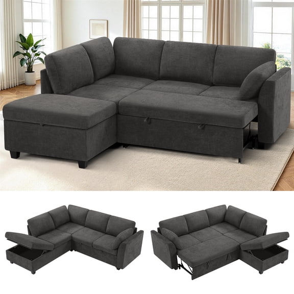 ACMEASE 86” Chenille Sectional Sofa w/Pull Out Bed & Storage Space, Upholstery L Shape Couch w/Throw Pillow, Convertible Corner Sofa w/Chaise for Living Room, Grey